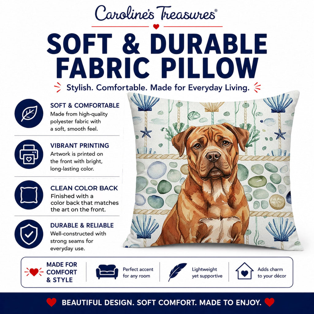 Mahogany Dogue de Bordeaux Coastal Sea Glass Decorative Throw Pillow 14x14 Indoor Outdoor Accent Cushion, Fabric Cover with Insert for Sofa, Bed, Porch & Living Room