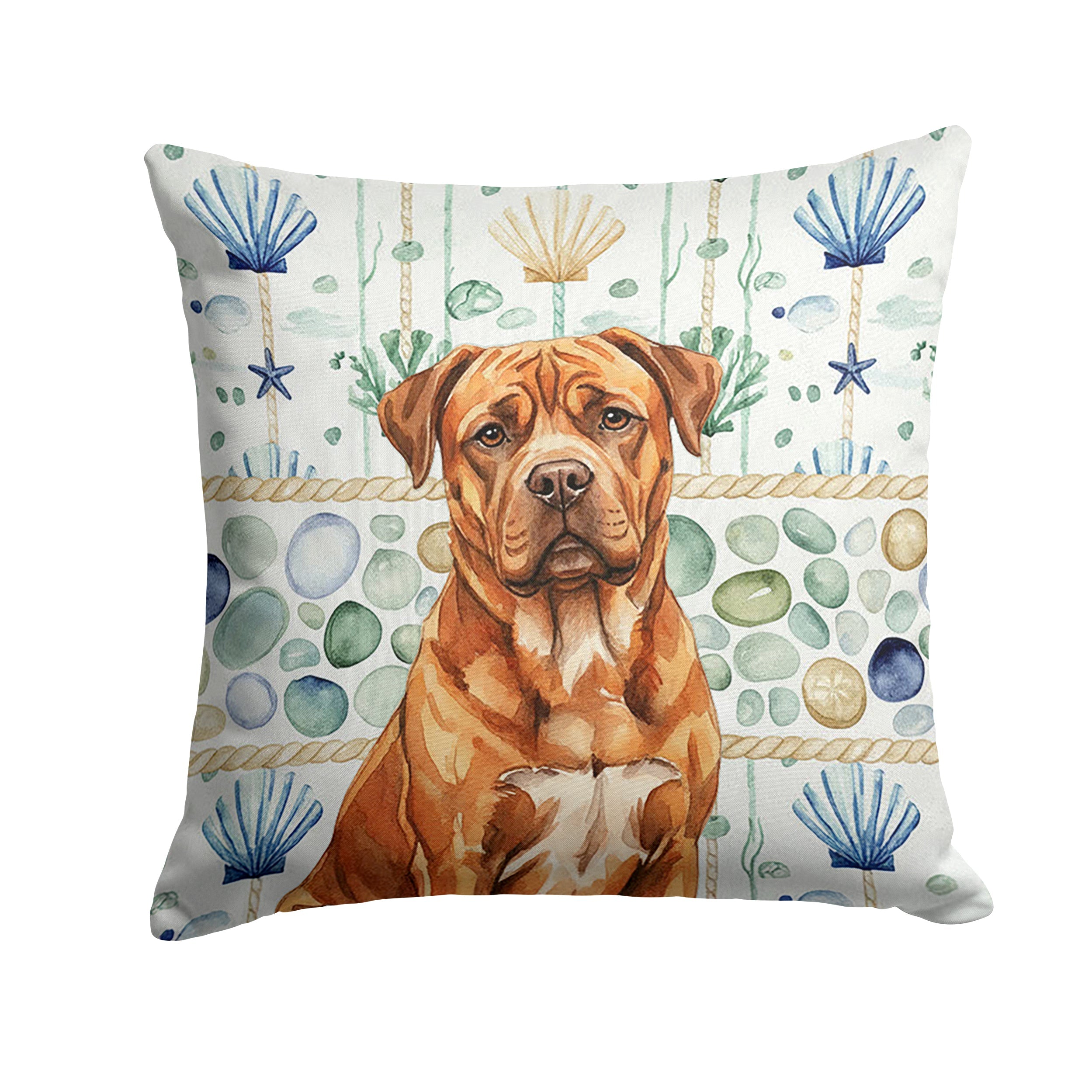 Mahogany Dogue de Bordeaux Coastal Sea Glass Decorative Throw Pillow 14x14 Indoor Outdoor Accent Cushion, Fabric Cover with Insert for Sofa, Bed, Porch & Living Room