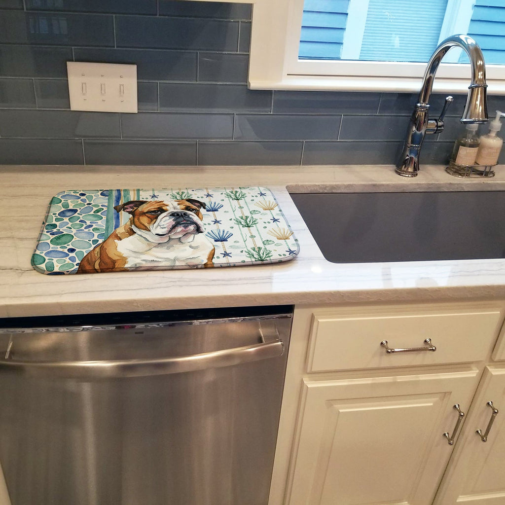 Brindle and White English Bulldog Coastal Sea Glass Dish Drying Mat Absorbent Dish Drying Mat Pad for Kitchen Counter Dish Drainer Mat for Countertop, 14 x 21", Multicolor
