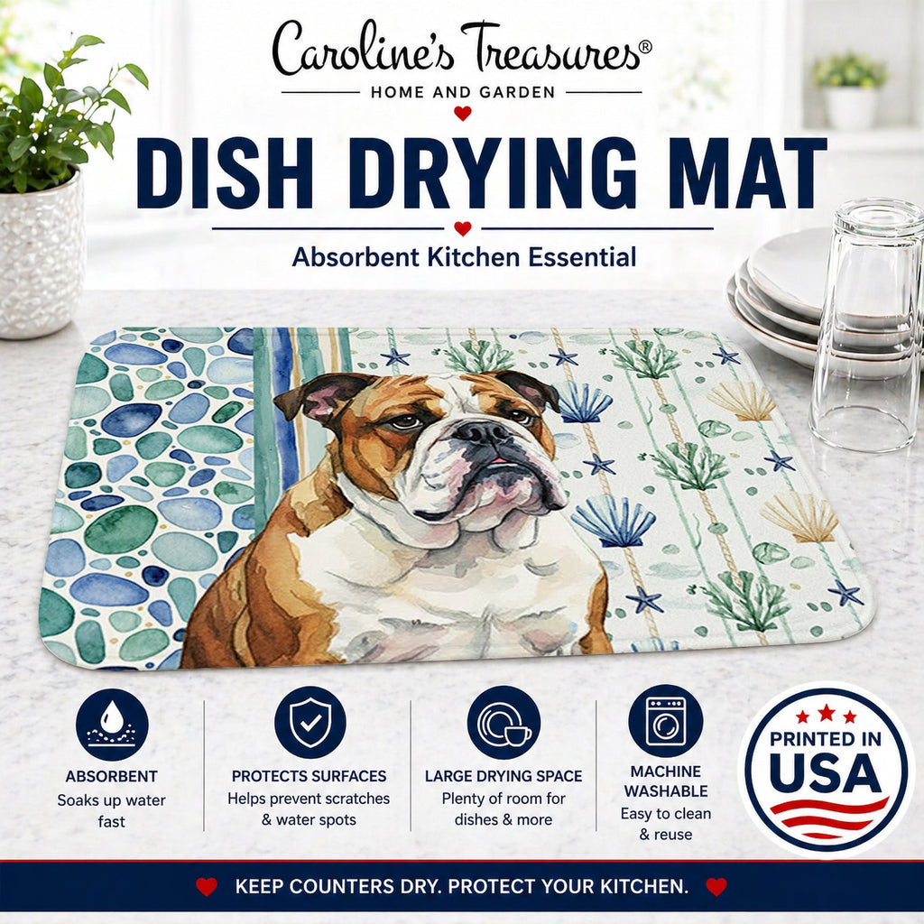 Brindle and White English Bulldog Coastal Sea Glass Dish Drying Mat Absorbent Dish Drying Mat Pad for Kitchen Counter Dish Drainer Mat for Countertop, 14 x 21", Multicolor