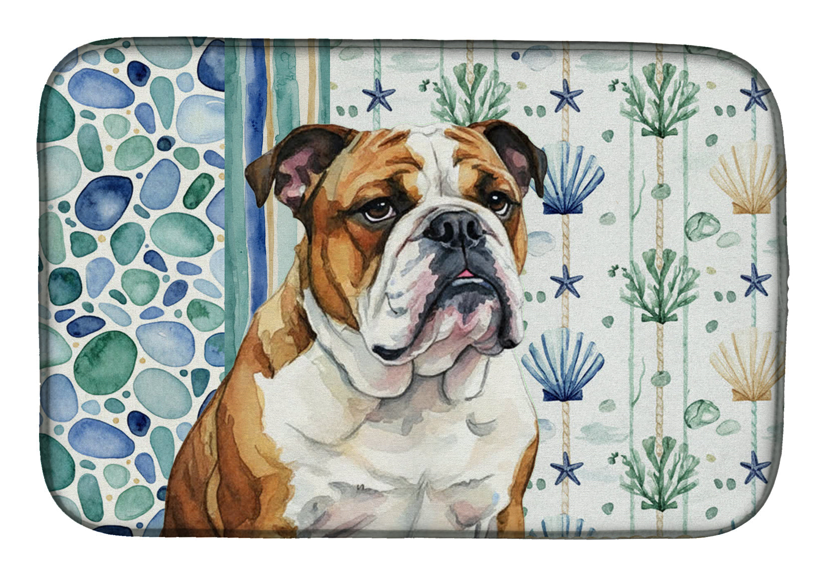 Brindle and White English Bulldog Coastal Sea Glass Dish Drying Mat Absorbent Dish Drying Mat Pad for Kitchen Counter Dish Drainer Mat for Countertop, 14 x 21", Multicolor