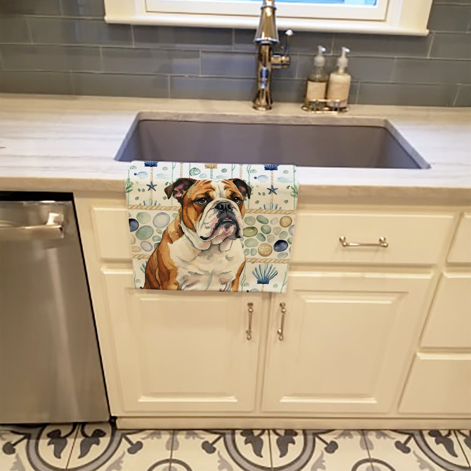 Brindle and White English Bulldog Coastal Sea Glass Kitchen Towel Velour Plush Front and Cotton Loop Back Machine Washable