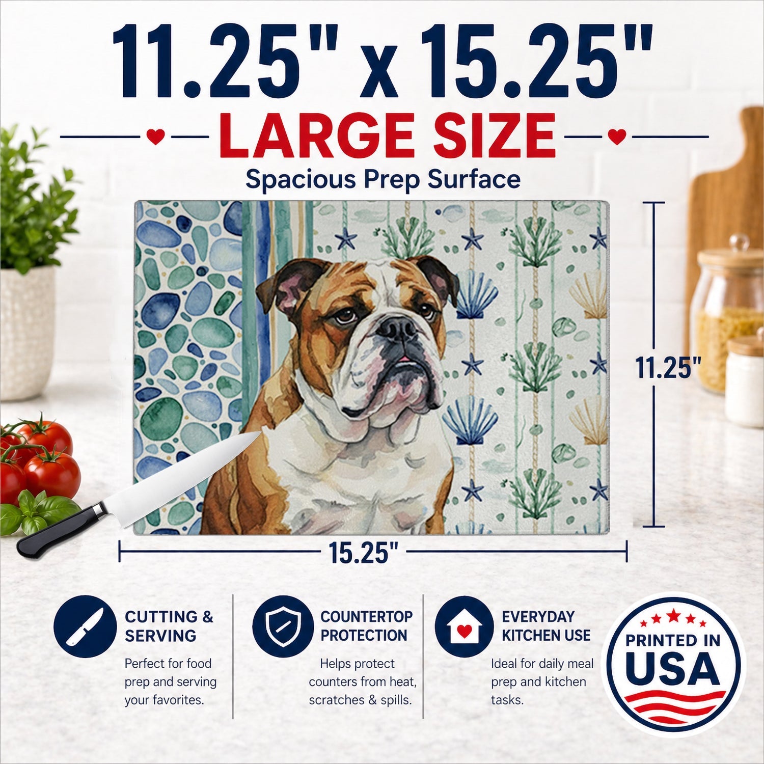 Brindle and White English Bulldog Coastal Sea Glass Cutting Board Tempered Glass Kitchen Cutting Surface, Heat Resistant Chopping, Non-Slip Feet, Food Prep & Serving