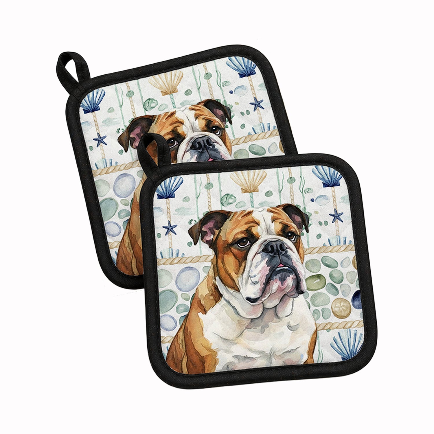 Brindle and White English Bulldog Coastal Sea Glass Pot Holder Set of 2 Heat Resistant Quilted Hot Pads 7.5 x 7.5 Inch, Insulated Kitchen Trivets for Cooking & Baking