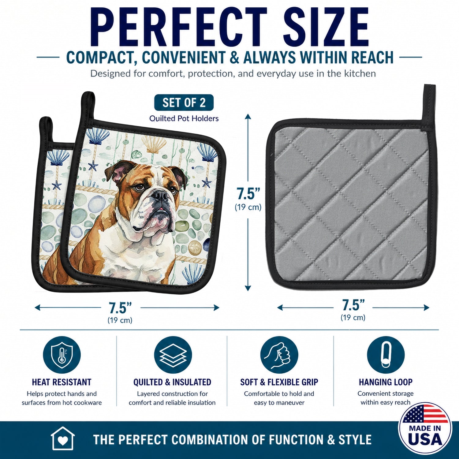 Brindle and White English Bulldog Coastal Sea Glass Pot Holder Set of 2 Heat Resistant Quilted Hot Pads 7.5 x 7.5 Inch, Insulated Kitchen Trivets for Cooking & Baking