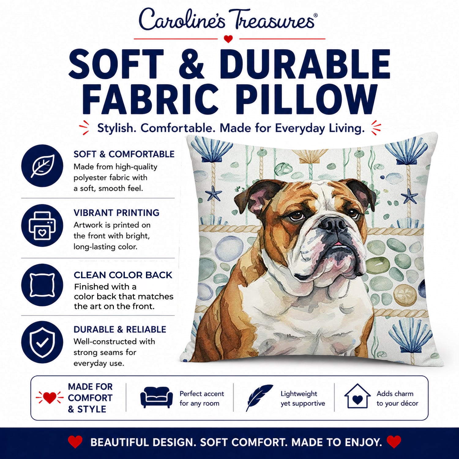 Brindle and White English Bulldog Coastal Sea Glass Decorative Throw Pillow 14x14 Indoor Outdoor Accent Cushion, Fabric Cover with Insert for Sofa, Bed, Porch & Living Room