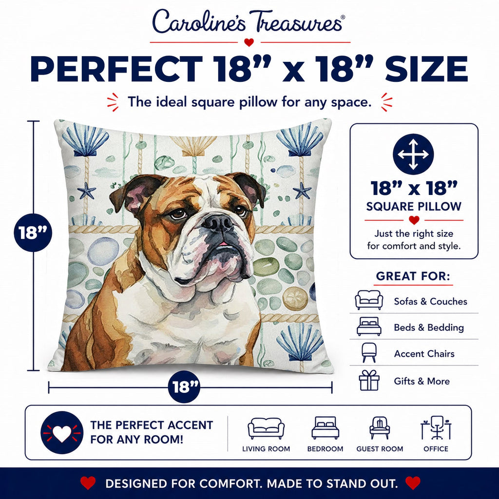 Brindle and White English Bulldog Coastal Sea Glass Decorative Throw Pillow 18x18 Indoor Outdoor Accent Cushion, Fabric Cover with Insert for Sofa, Bed, Porch & Living Room