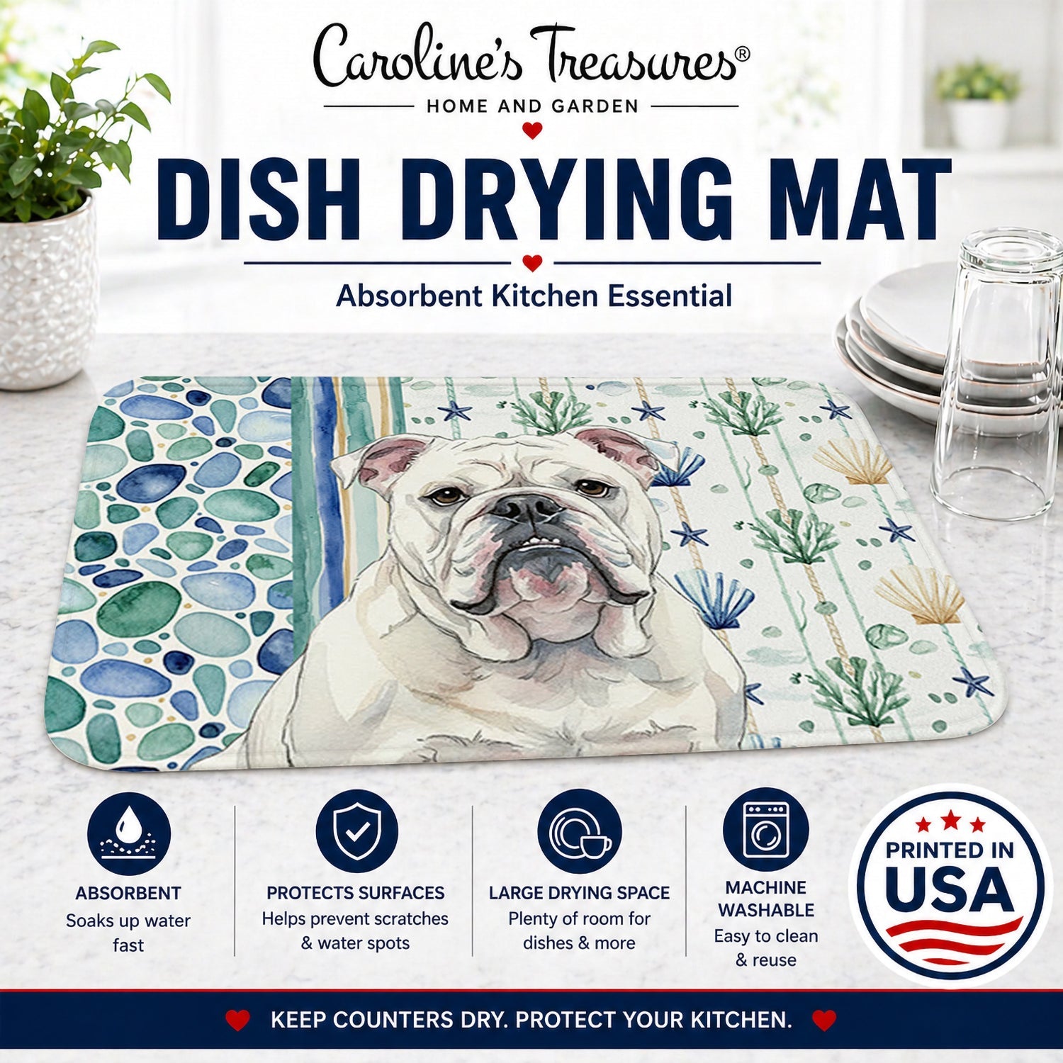 White English Bulldog Coastal Sea Glass Dish Drying Mat Absorbent Dish Drying Mat Pad for Kitchen Counter Dish Drainer Mat for Countertop, 14 x 21", Multicolor