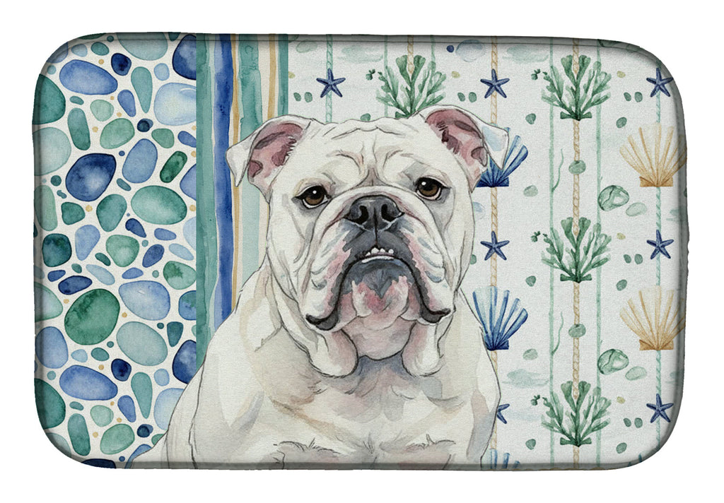 White English Bulldog Coastal Sea Glass Dish Drying Mat Absorbent Dish Drying Mat Pad for Kitchen Counter Dish Drainer Mat for Countertop, 14 x 21", Multicolor