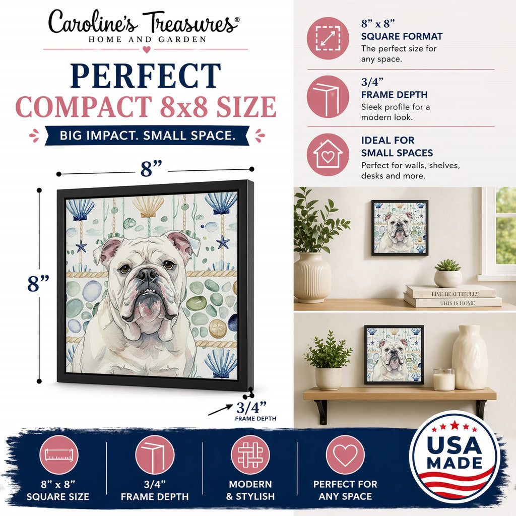 White English Bulldog Coastal Sea Glass Framed Metal Print Bathroom, Kitchen, Office, Home Decor Wall Art Ready to Hang, Square, 8X8