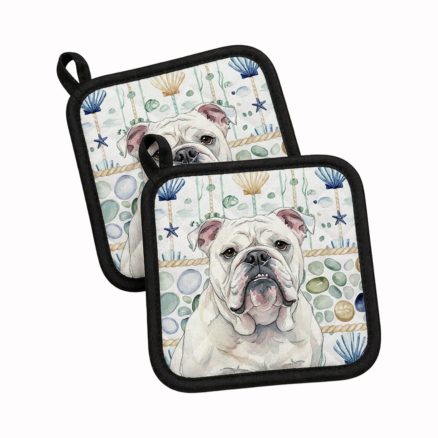 White English Bulldog Coastal Sea Glass Pot Holder Set of 2 Heat Resistant Quilted Hot Pads 7.5 x 7.5 Inch, Insulated Kitchen Trivets for Cooking & Baking