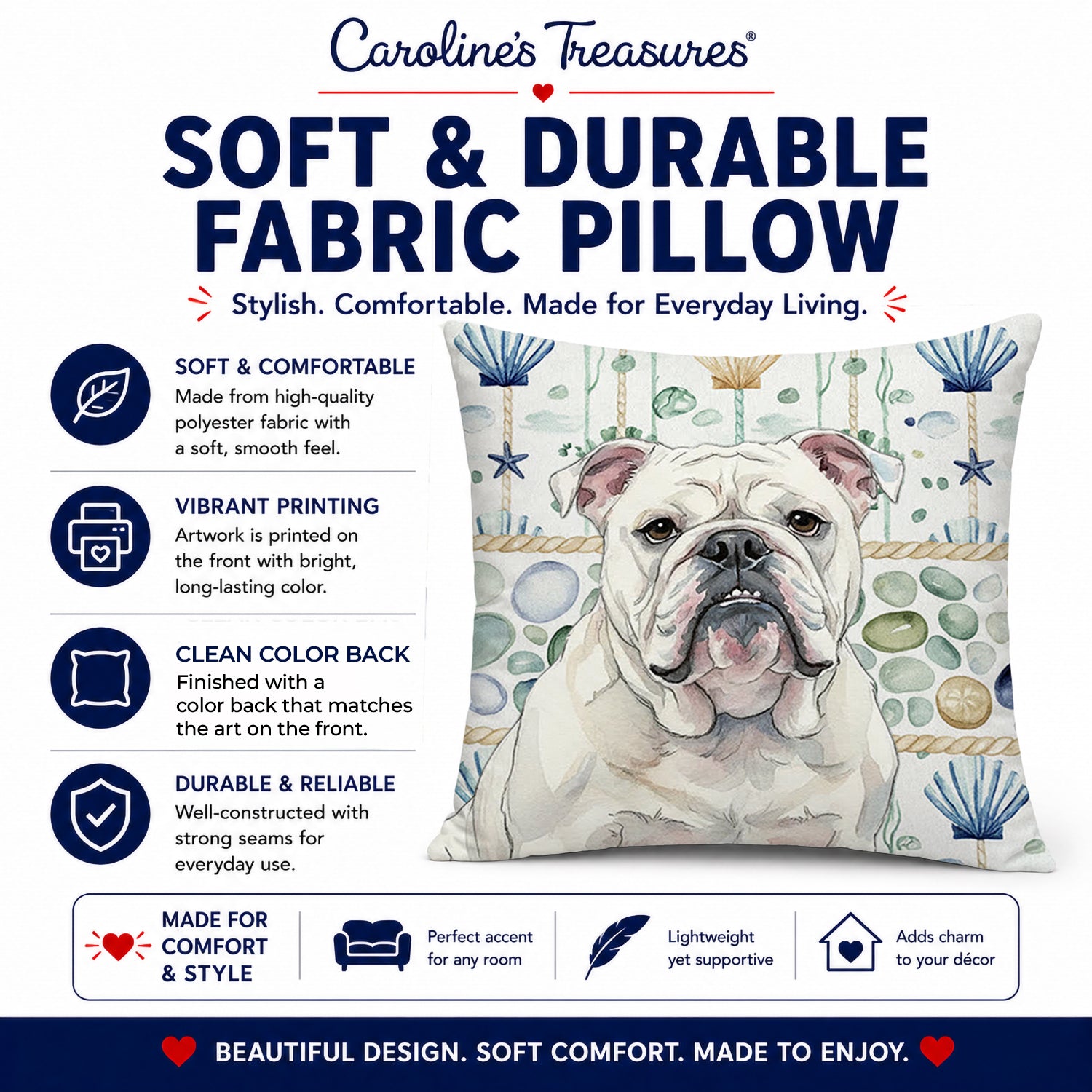 White English Bulldog Coastal Sea Glass Decorative Throw Pillow 18x18 Indoor Outdoor Accent Cushion, Fabric Cover with Insert for Sofa, Bed, Porch & Living Room