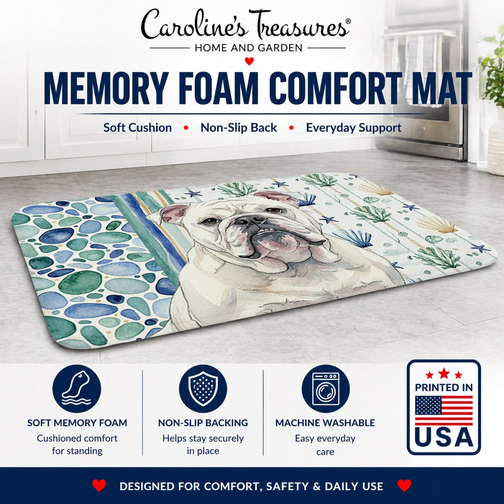 White English Bulldog Coastal Sea Glass Memory Foam Kitchen Mat Machine Washable Anti-Fatigue Cushion Comfort Bath or Kitchen Rug