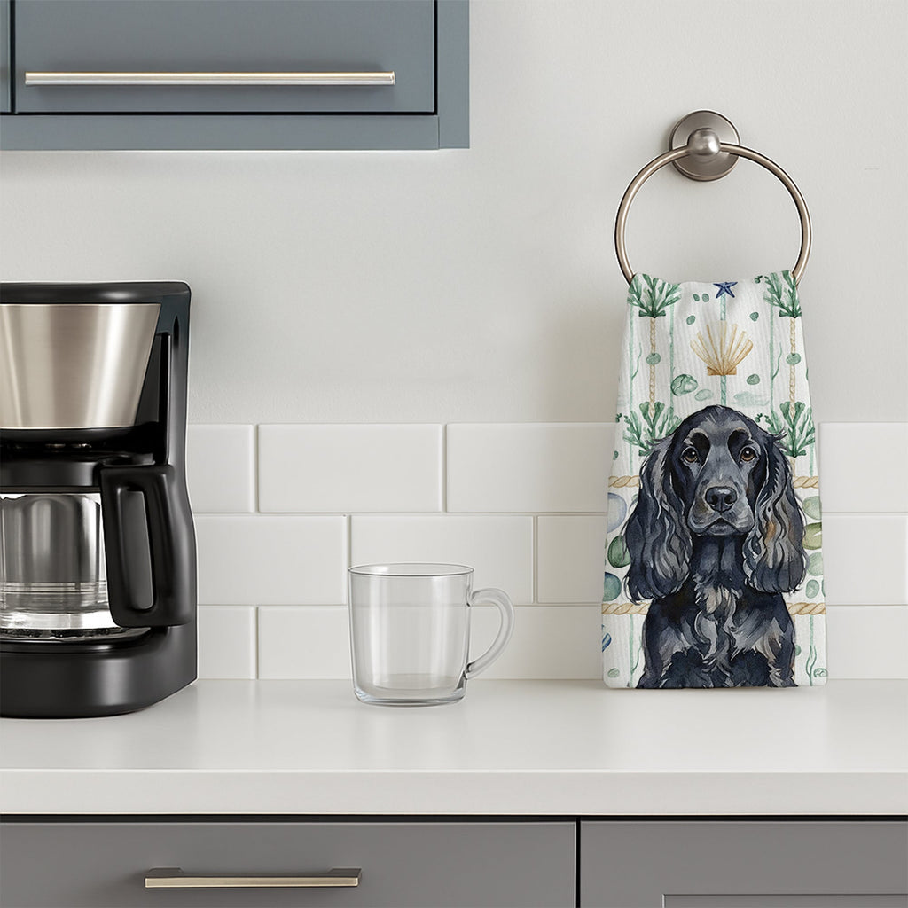 Black English Cocker Spaniel Coastal Sea Glass Kitchen Towel Velour Plush Front and Cotton Loop Back Machine Washable