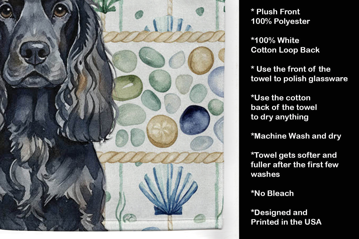 Black English Cocker Spaniel Coastal Sea Glass Kitchen Towel Velour Plush Front and Cotton Loop Back Machine Washable