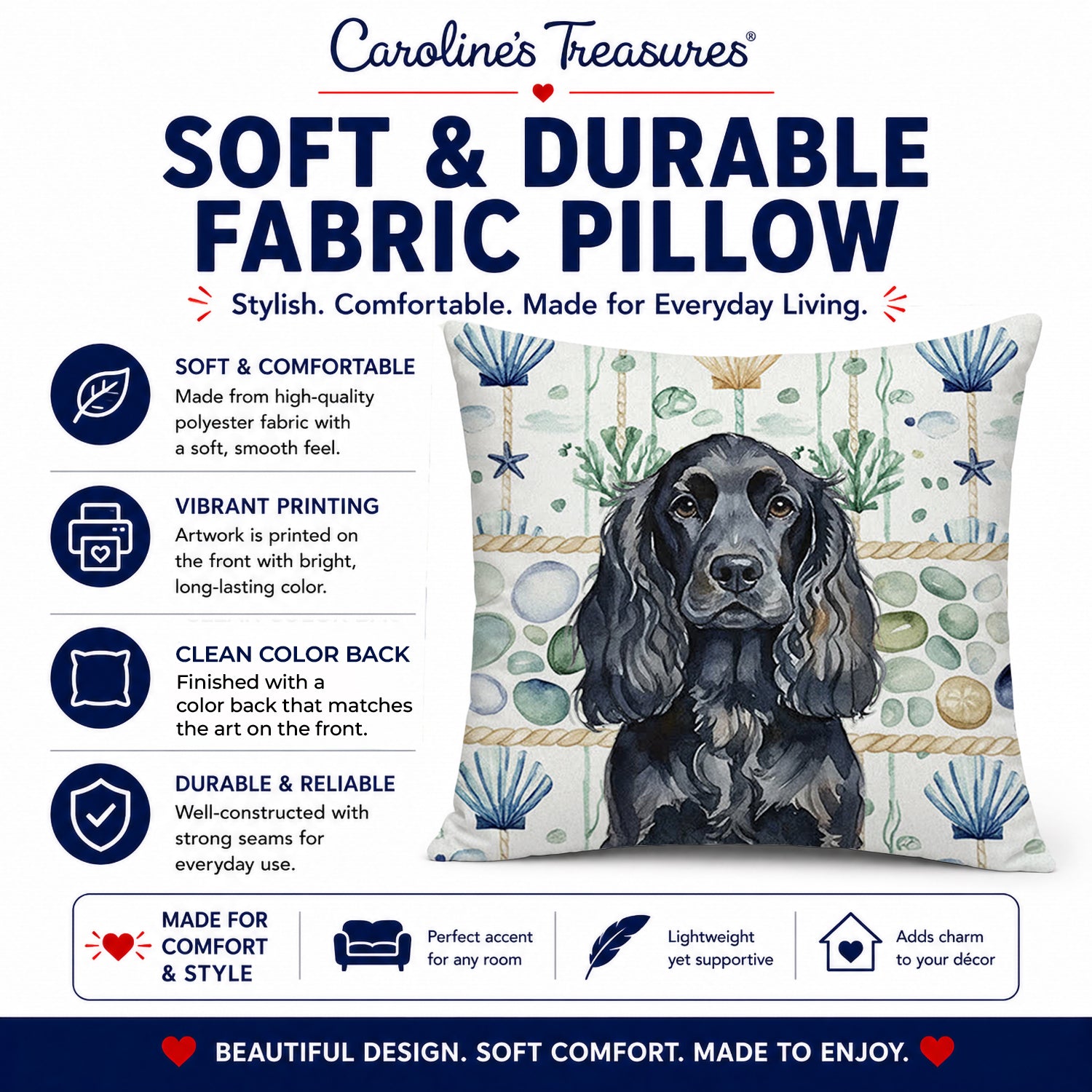 Black English Cocker Spaniel Coastal Sea Glass Decorative Throw Pillow 14x14 Indoor Outdoor Accent Cushion, Fabric Cover with Insert for Sofa, Bed, Porch & Living Room