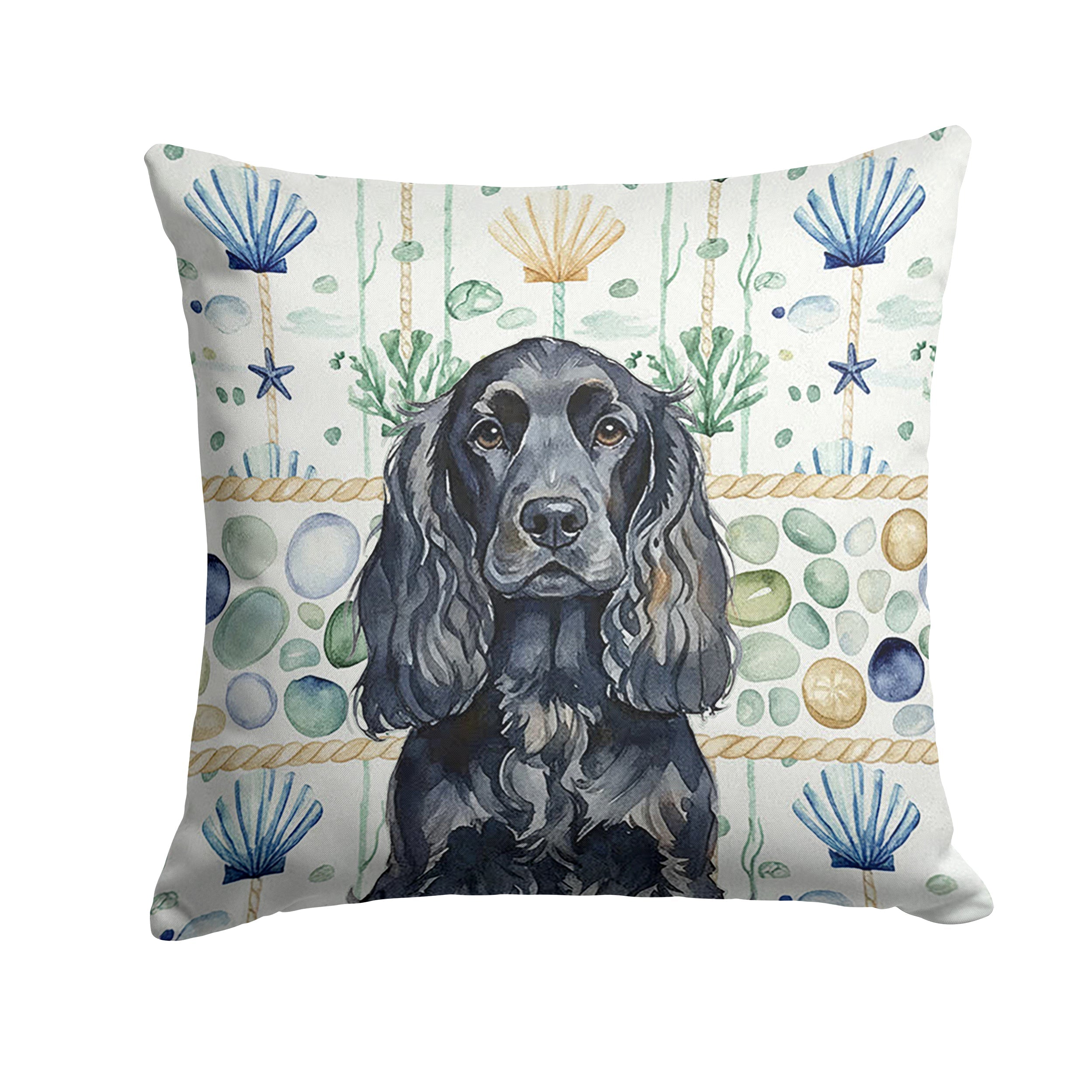 Black English Cocker Spaniel Coastal Sea Glass Decorative Throw Pillow 14x14 Indoor Outdoor Accent Cushion, Fabric Cover with Insert for Sofa, Bed, Porch & Living Room
