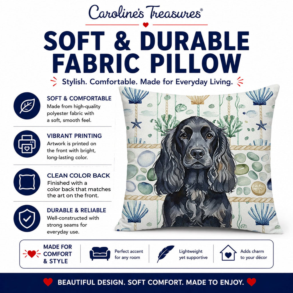 Black English Cocker Spaniel Coastal Sea Glass Decorative Throw Pillow 18x18 Indoor Outdoor Accent Cushion, Fabric Cover with Insert for Sofa, Bed, Porch & Living Room