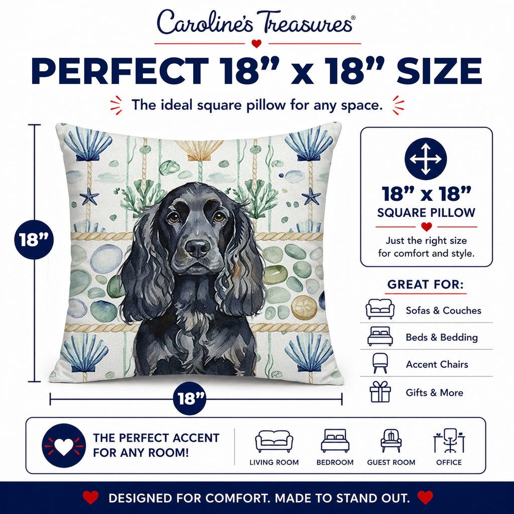 Black English Cocker Spaniel Coastal Sea Glass Decorative Throw Pillow 18x18 Indoor Outdoor Accent Cushion, Fabric Cover with Insert for Sofa, Bed, Porch & Living Room