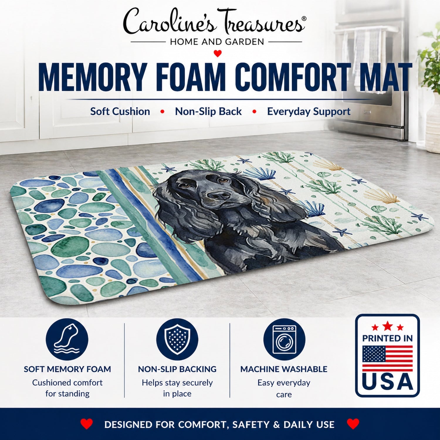 Black English Cocker Spaniel Coastal Sea Glass Memory Foam Kitchen Mat Machine Washable Anti-Fatigue Cushion Comfort Bath or Kitchen Rug