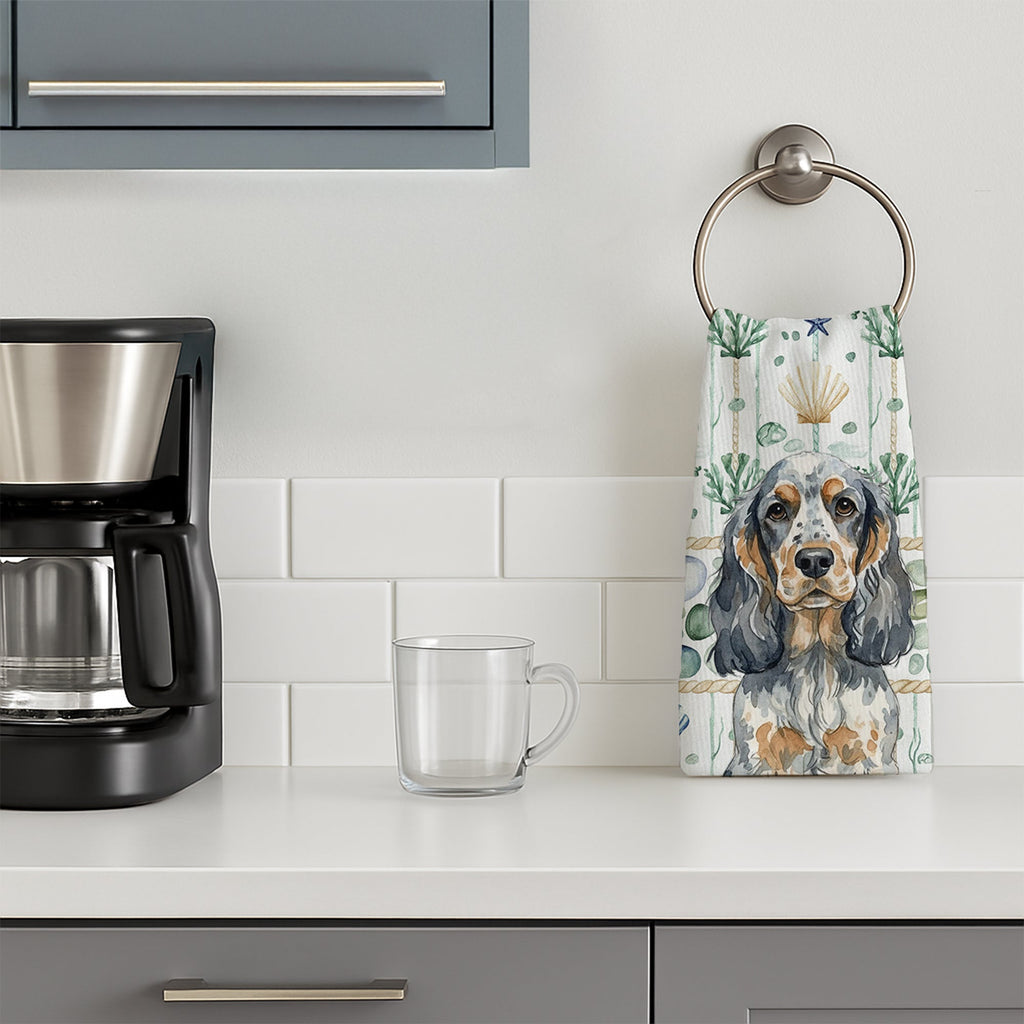Blue Roan & Tan English Cocker Spaniel Coastal Sea Glass Kitchen Towel Velour Plush Front and Cotton Loop Back Machine Washable
