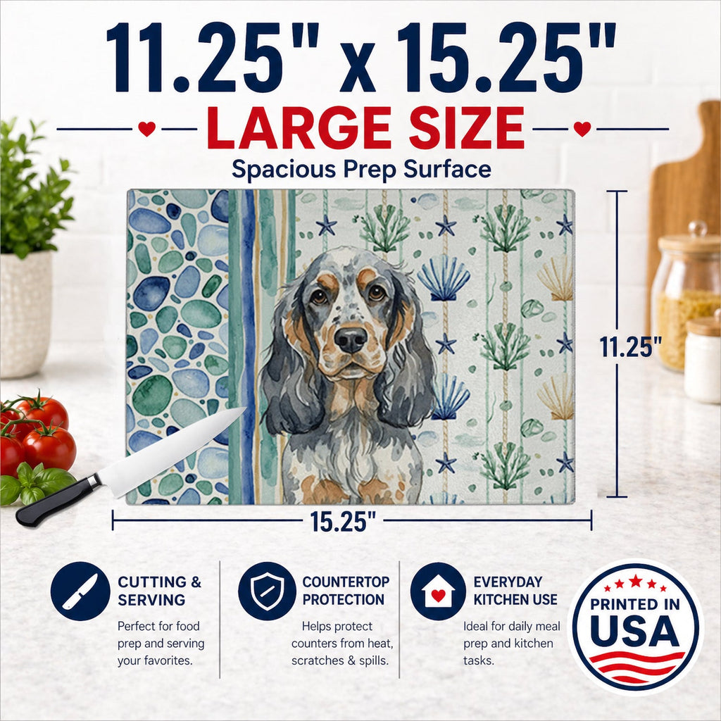 Blue Roan & Tan English Cocker Spaniel Coastal Sea Glass Cutting Board Tempered Glass Kitchen Cutting Surface, Heat Resistant Chopping, Non-Slip Feet, Food Prep & Serving