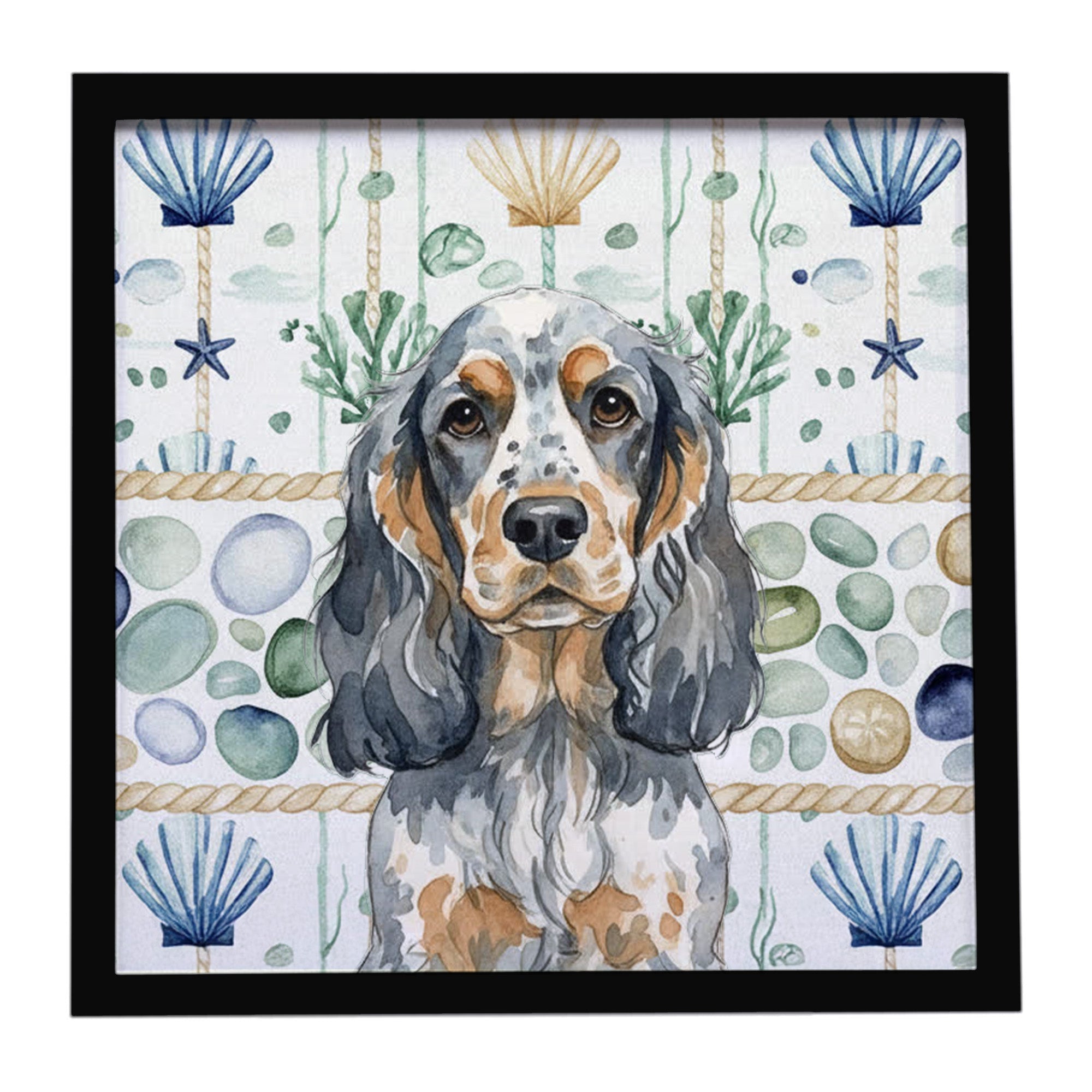 Blue Roan & Tan English Cocker Spaniel Coastal Sea Glass Framed Metal Print Bathroom, Kitchen, Office, Home Decor Wall Art Ready to Hang, Square, 8X8