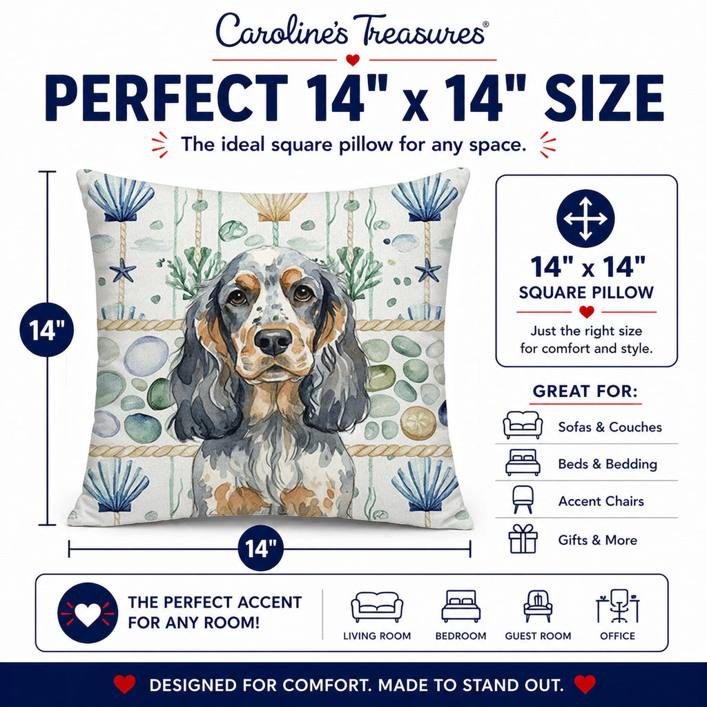 Blue Roan & Tan English Cocker Spaniel Coastal Sea Glass Decorative Throw Pillow 14x14 Indoor Outdoor Accent Cushion, Fabric Cover with Insert for Sofa, Bed, Porch & Living Room