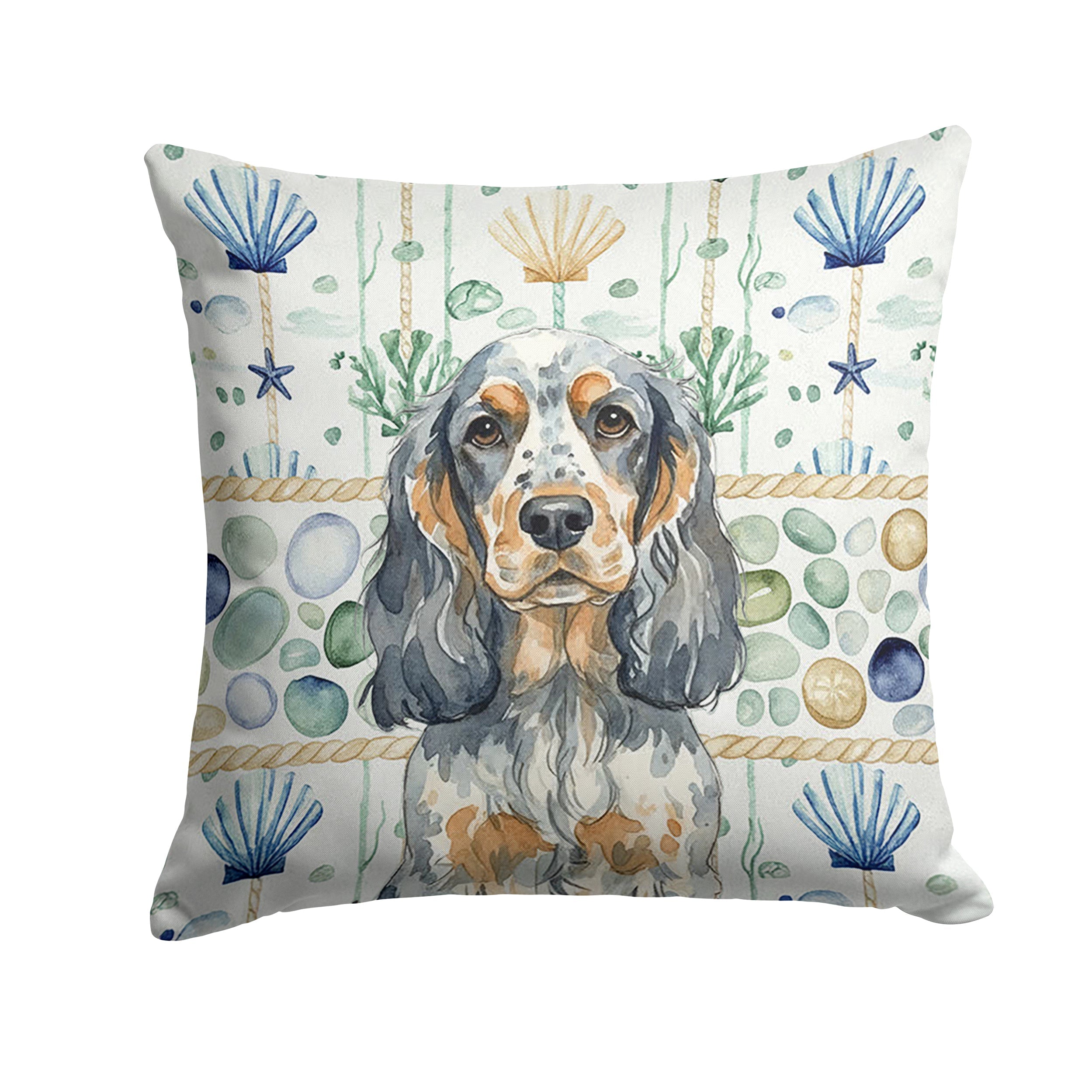 Blue Roan & Tan English Cocker Spaniel Coastal Sea Glass Decorative Throw Pillow 14x14 Indoor Outdoor Accent Cushion, Fabric Cover with Insert for Sofa, Bed, Porch & Living Room