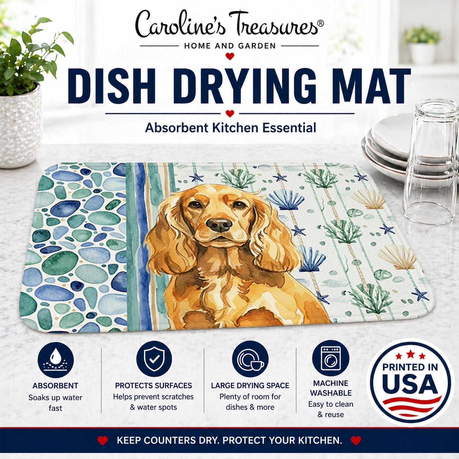 Golden English Cocker Spaniel Coastal Sea Glass Dish Drying Mat Absorbent Dish Drying Mat Pad for Kitchen Counter Dish Drainer Mat for Countertop, 14 x 21", Multicolor