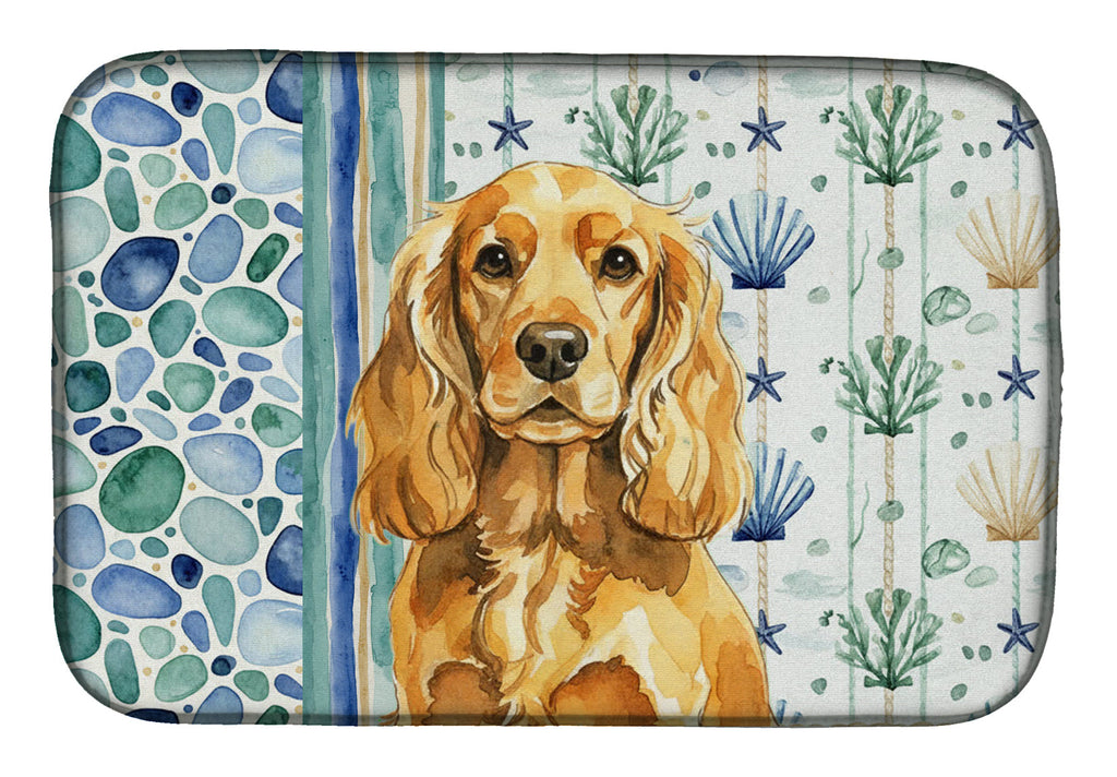 Golden English Cocker Spaniel Coastal Sea Glass Dish Drying Mat Absorbent Dish Drying Mat Pad for Kitchen Counter Dish Drainer Mat for Countertop, 14 x 21", Multicolor