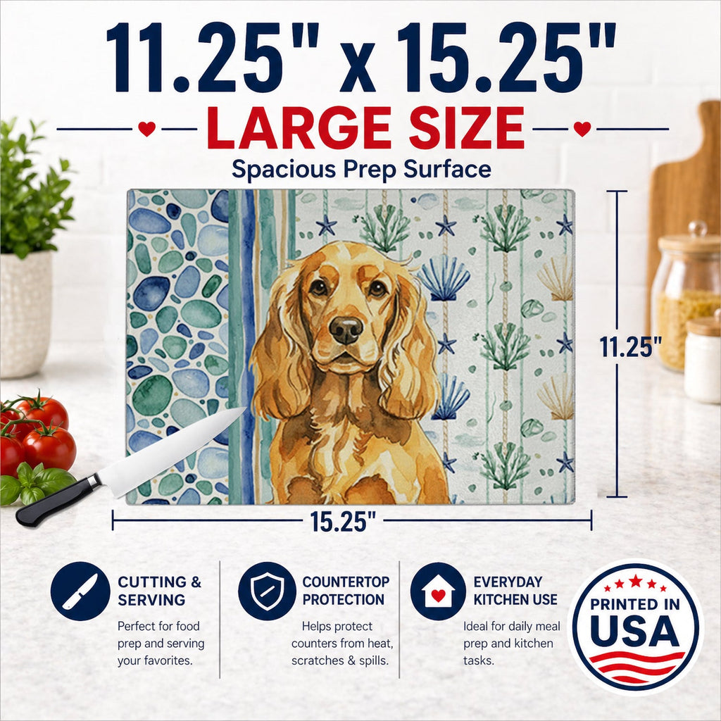 Golden English Cocker Spaniel Coastal Sea Glass Cutting Board Tempered Glass Kitchen Cutting Surface, Heat Resistant Chopping, Non-Slip Feet, Food Prep & Serving