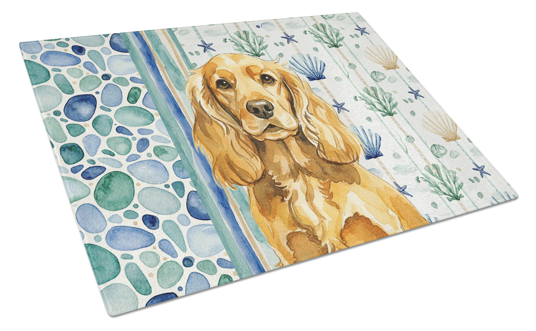 Golden English Cocker Spaniel Coastal Sea Glass Cutting Board Tempered Glass Kitchen Cutting Surface, Heat Resistant Chopping, Non-Slip Feet, Food Prep & Serving
