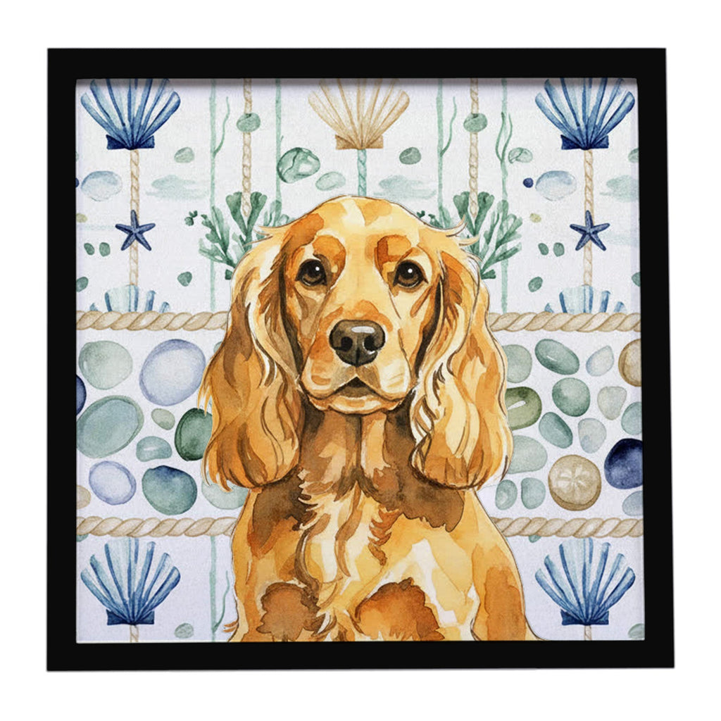Golden English Cocker Spaniel Coastal Sea Glass Framed Metal Print Bathroom, Kitchen, Office, Home Decor Wall Art Ready to Hang, Square, 8X8