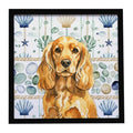 Golden English Cocker Spaniel Coastal Sea Glass Framed Metal Print Bathroom, Kitchen, Office, Home Decor Wall Art Ready to Hang, Square, 8X8