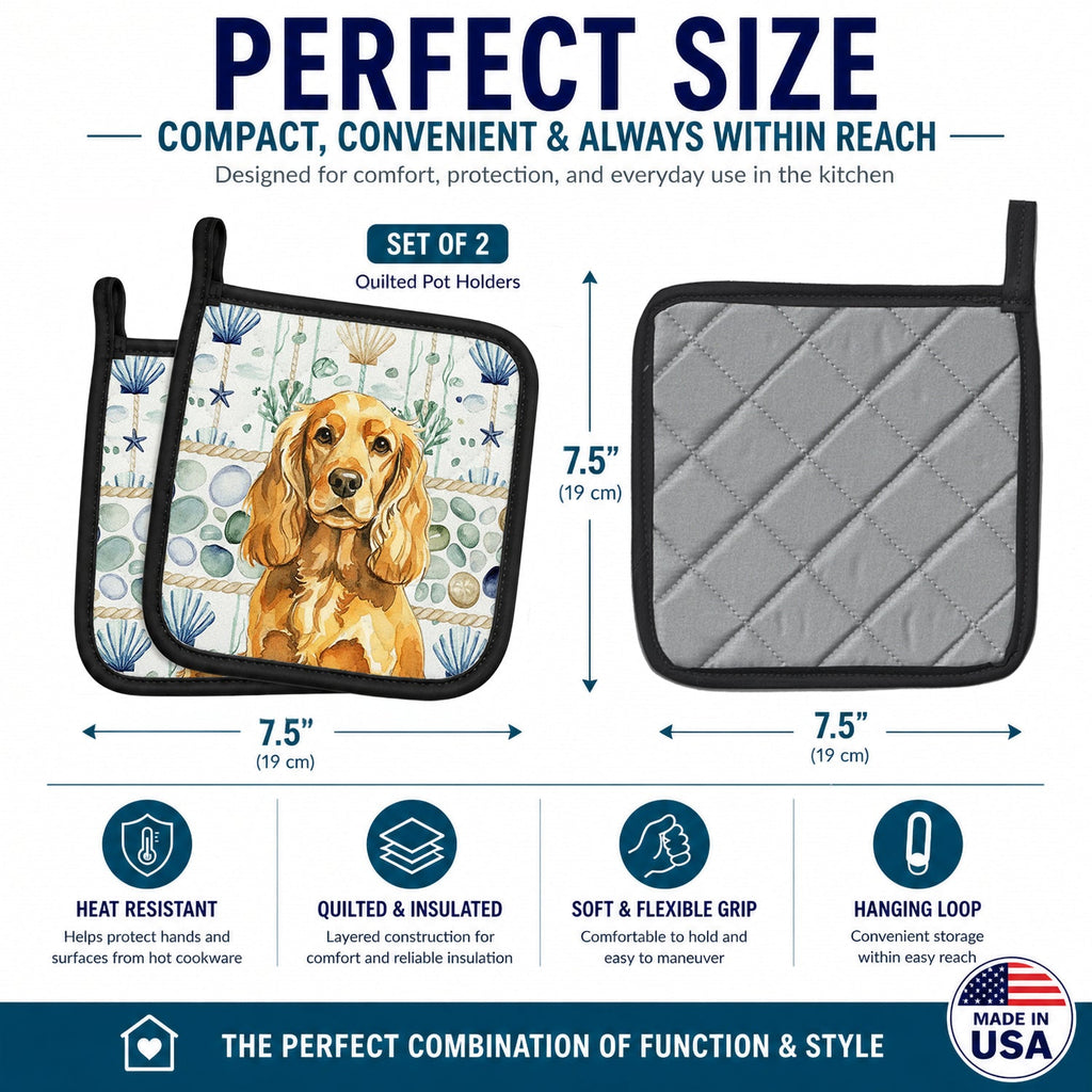 Golden English Cocker Spaniel Coastal Sea Glass Pot Holder Set of 2 Heat Resistant Quilted Hot Pads 7.5 x 7.5 Inch, Insulated Kitchen Trivets for Cooking & Baking