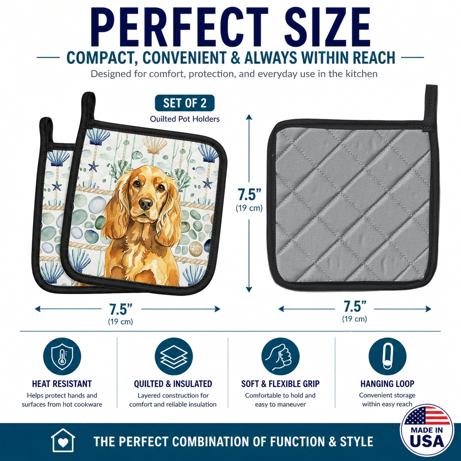 Golden English Cocker Spaniel Coastal Sea Glass Pot Holder Set of 2 Heat Resistant Quilted Hot Pads 7.5 x 7.5 Inch, Insulated Kitchen Trivets for Cooking & Baking