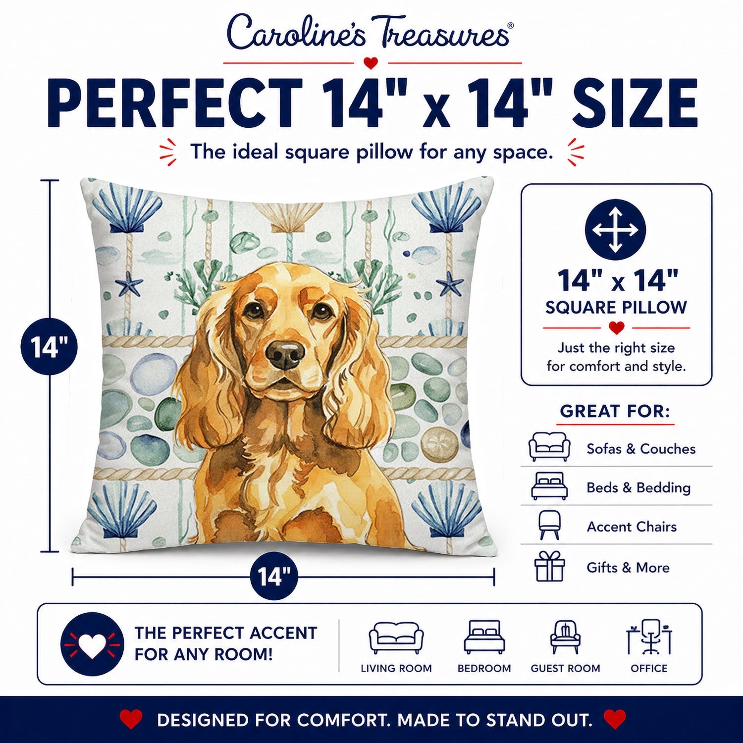 Golden English Cocker Spaniel Coastal Sea Glass Decorative Throw Pillow 14x14 Indoor Outdoor Accent Cushion, Fabric Cover with Insert for Sofa, Bed, Porch & Living Room