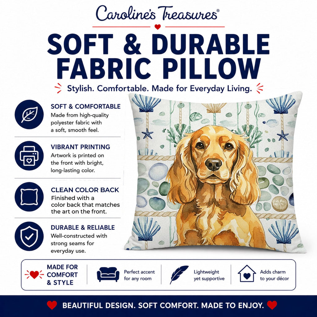 Golden English Cocker Spaniel Coastal Sea Glass Decorative Throw Pillow 18x18 Indoor Outdoor Accent Cushion, Fabric Cover with Insert for Sofa, Bed, Porch & Living Room