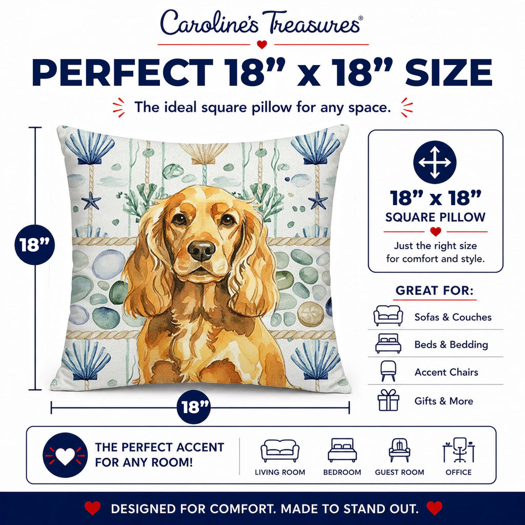 Golden English Cocker Spaniel Coastal Sea Glass Decorative Throw Pillow 18x18 Indoor Outdoor Accent Cushion, Fabric Cover with Insert for Sofa, Bed, Porch & Living Room
