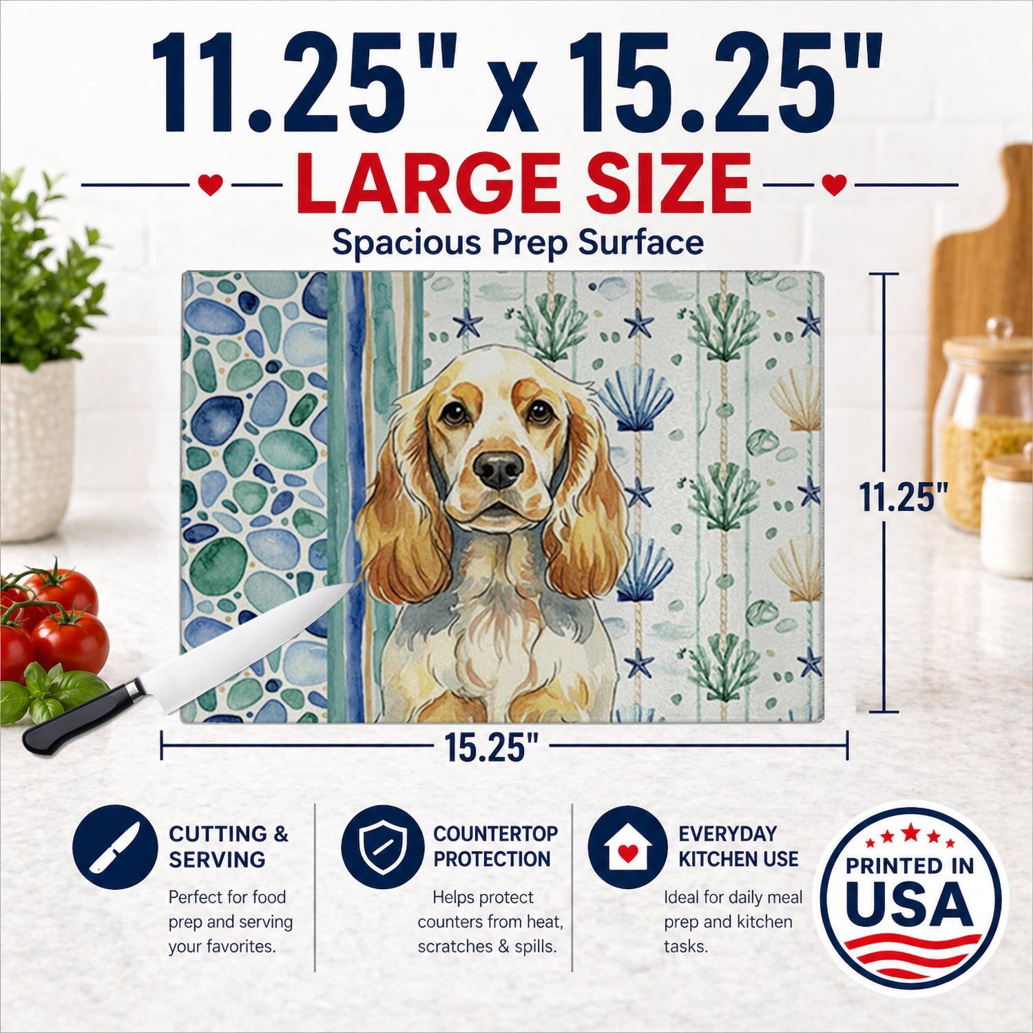 Lemon Roan English Cocker Spaniel Coastal Sea Glass Cutting Board Tempered Glass Kitchen Cutting Surface, Heat Resistant Chopping, Non-Slip Feet, Food Prep & Serving