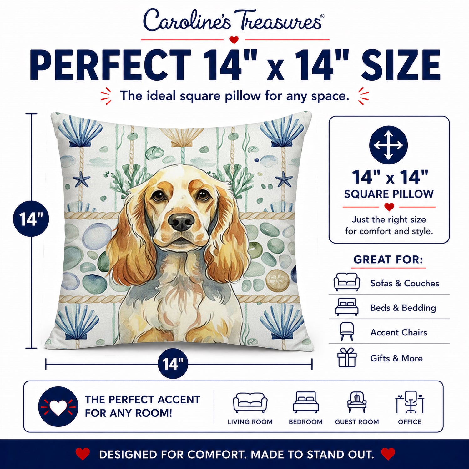 Lemon Roan English Cocker Spaniel Coastal Sea Glass Decorative Throw Pillow 14x14 Indoor Outdoor Accent Cushion, Fabric Cover with Insert for Sofa, Bed, Porch & Living Room