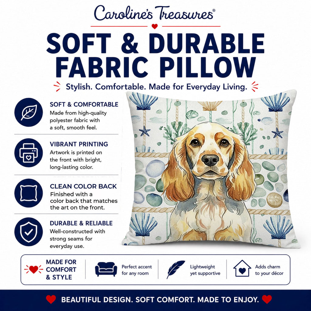 Lemon Roan English Cocker Spaniel Coastal Sea Glass Decorative Throw Pillow 18x18 Indoor Outdoor Accent Cushion, Fabric Cover with Insert for Sofa, Bed, Porch & Living Room