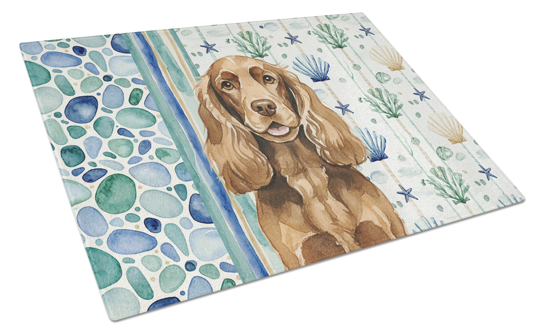 Liver English Cocker Spaniel Coastal Sea Glass Cutting Board Tempered Glass Kitchen Cutting Surface, Heat Resistant Chopping, Non-Slip Feet, Food Prep & Serving