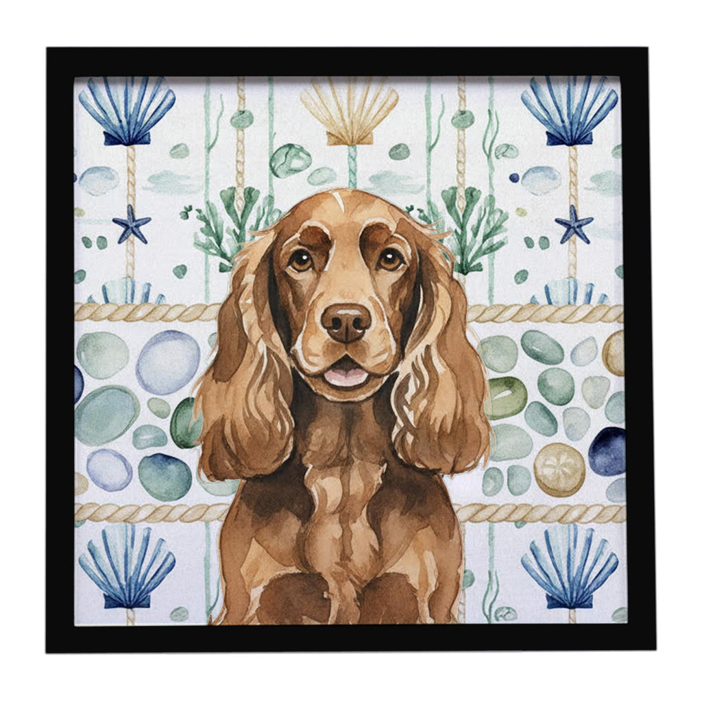 Liver English Cocker Spaniel Coastal Sea Glass Framed Metal Print Bathroom, Kitchen, Office, Home Decor Wall Art Ready to Hang, Square, 8X8