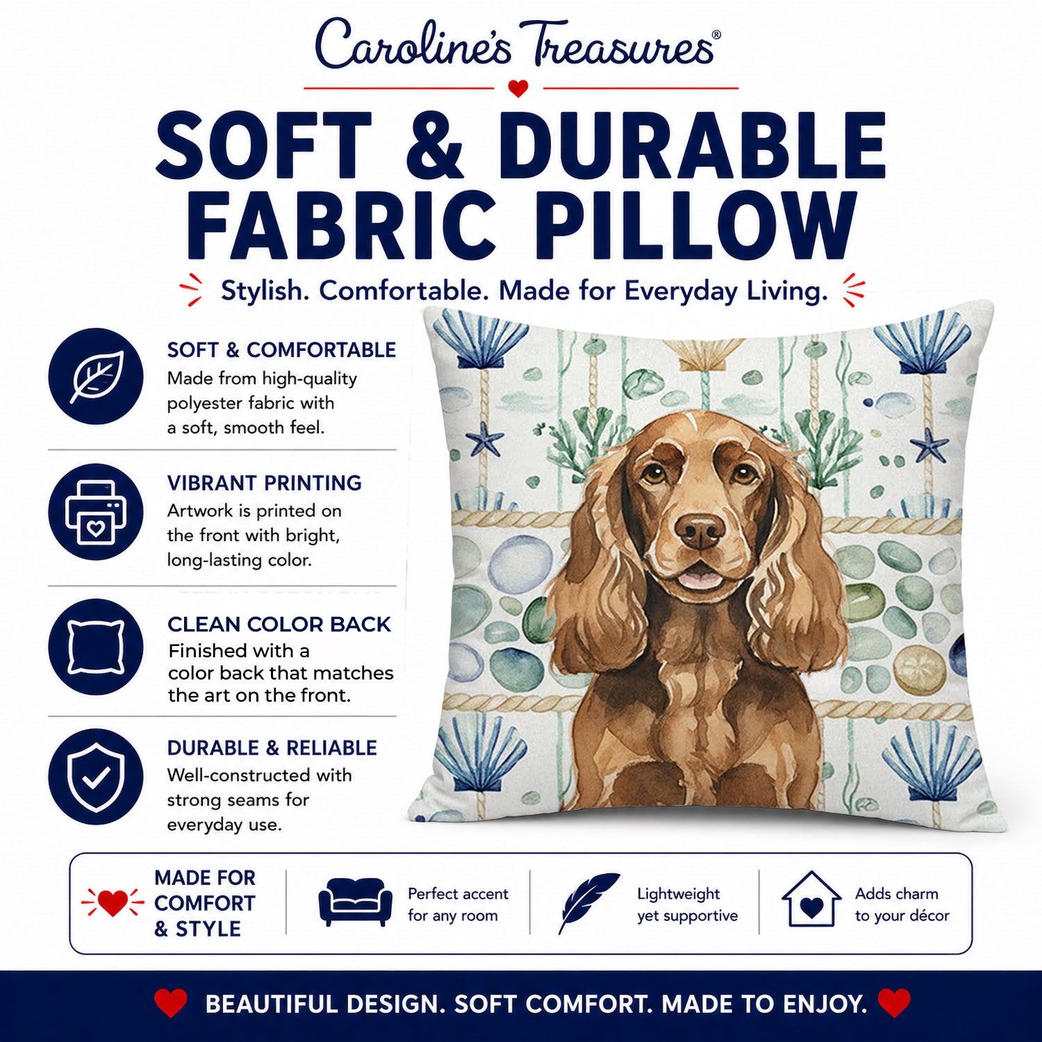 Liver English Cocker Spaniel Coastal Sea Glass Decorative Throw Pillow 14x14 Indoor Outdoor Accent Cushion, Fabric Cover with Insert for Sofa, Bed, Porch & Living Room