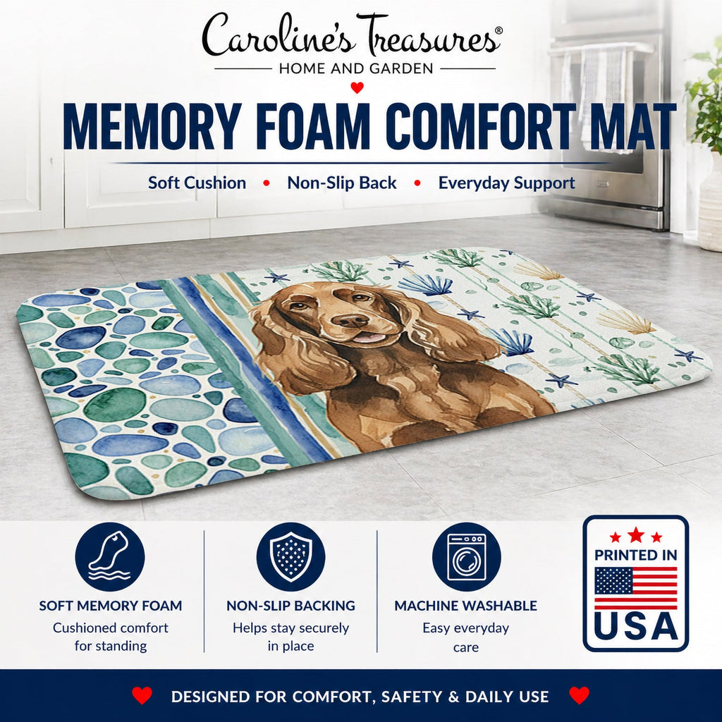 Liver English Cocker Spaniel Coastal Sea Glass Memory Foam Kitchen Mat Machine Washable Anti-Fatigue Cushion Comfort Bath or Kitchen Rug
