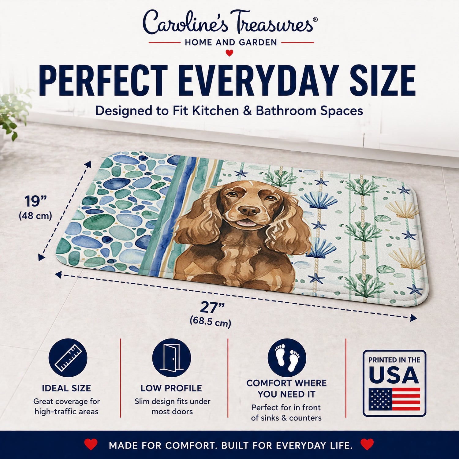 Liver English Cocker Spaniel Coastal Sea Glass Memory Foam Kitchen Mat Machine Washable Anti-Fatigue Cushion Comfort Bath or Kitchen Rug