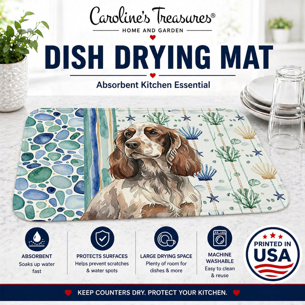 Liver Roan English Cocker Spaniel Coastal Sea Glass Dish Drying Mat Absorbent Dish Drying Mat Pad for Kitchen Counter Dish Drainer Mat for Countertop, 14 x 21", Multicolor