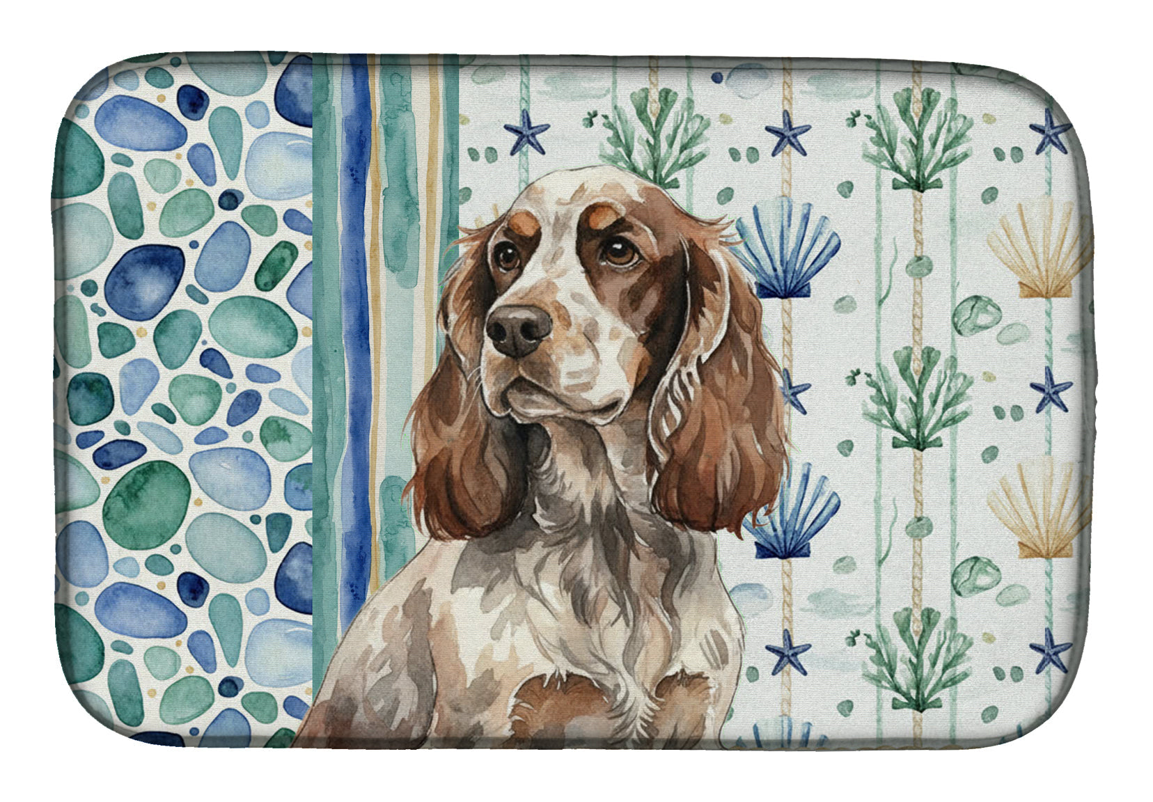 Liver Roan English Cocker Spaniel Coastal Sea Glass Dish Drying Mat Absorbent Dish Drying Mat Pad for Kitchen Counter Dish Drainer Mat for Countertop, 14 x 21", Multicolor